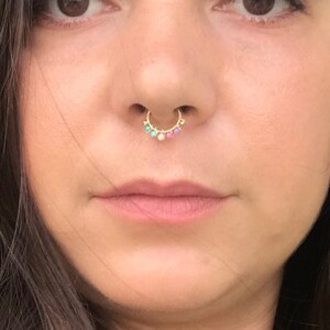 Opal septum piercing - opal septum cuff - gold filled multi opal piercing