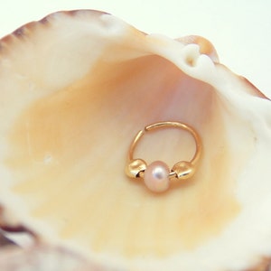 Tiny hoop 14k gold filled with natural freshwater pearl bead , cartilage, tragus helix piercing,septum, nose ring, earring~