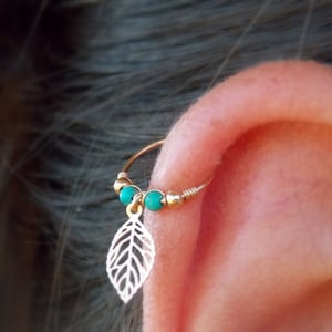 Small hoop earring, helix earring, small gold Cartliage earring, gold leaf hoop, silver helix hoop earring, Cartilage piercing