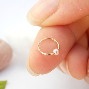 Tiny hoop 14k gold filled with natural freshwater pearl bead , cartilage, tragus helix piercing, septum,nose ring, earring~