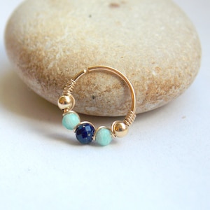 Natural stones nose ring - gemstone piercing - beaded nose ring - gold filled nose ring - nose hoop - thin helix - 24 gauge hoops