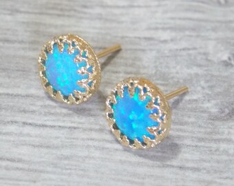 SALE - opal earrings - Opal stud earrings - Blue opal stone gold Crown Setting - Bridesmaid Earrings - Opal stud earring gold