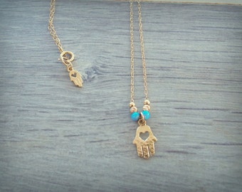 Opaal hamsa ketting, gouden Hamsa ketting, gouden hand ketting, delicate gouden ketting, gouden hand blauwe opaal ketting, opaal sieraden