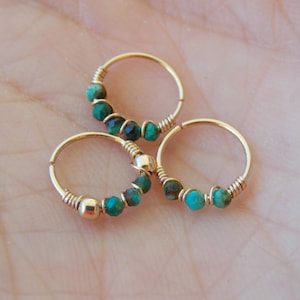 Chrysocolla nose ring - gemstone piercing - beaded nose ring - gold filled nose ring - nose hoop - thin helix - 24 gauge hoops