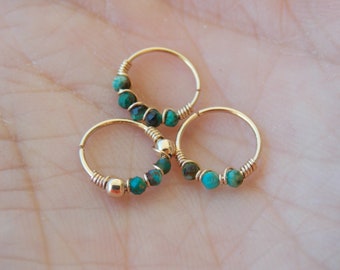 Chrysocolla nose ring - gemstone piercing - beaded nose ring - gold filled nose ring - nose hoop - thin helix - 24 gauge hoops