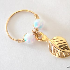 Cartilage Earring, tiny leaf gold hoop, gold cartilage Hoop Earrings, 14K Gold Filled, tiny hoops, opal piercing