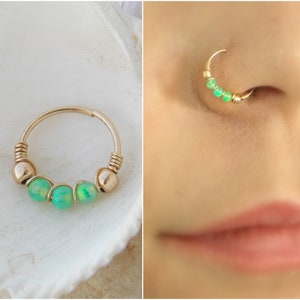 Opal nose hoop earring, green opal helix, tragus hoop, Small fire Opal cartliage Ring, tiny hoop nose, Extra Small Gold Opal Nose Ring