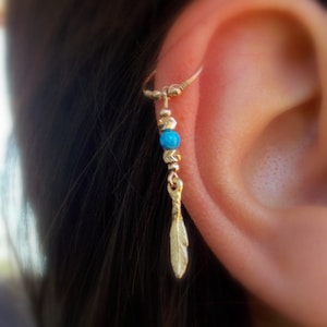 Gold Cartilage Earring,feather leaf hoop, gold filled opal cartilage Hoop Earrings, tiny hoops, helix piercing.