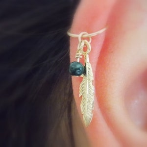 gold Cartilage Earring,feather leaf hoop, gold filled cartilage Hoop Earrings, tiny hoops, helix piercing.