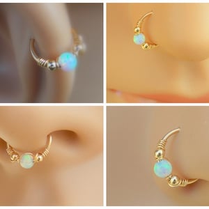 Opal cartilage earring, helix earring, tragus earring, Small Opal cartliage Ring, tiny hoop nose, Extra Small Gold Opal Nose Ring