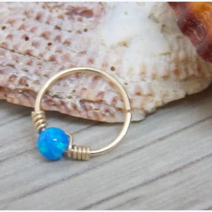 Opal cartilage earring, helix earring, tragus earring, Small Opal cartliage Ring, tiny hoop nose, Extra Small Gold Opal Nose Ring