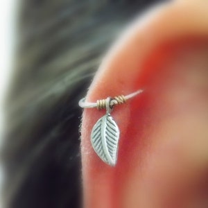 Cartilage hoop Earring, tiny leaf silver hoop,silver tiny hoop