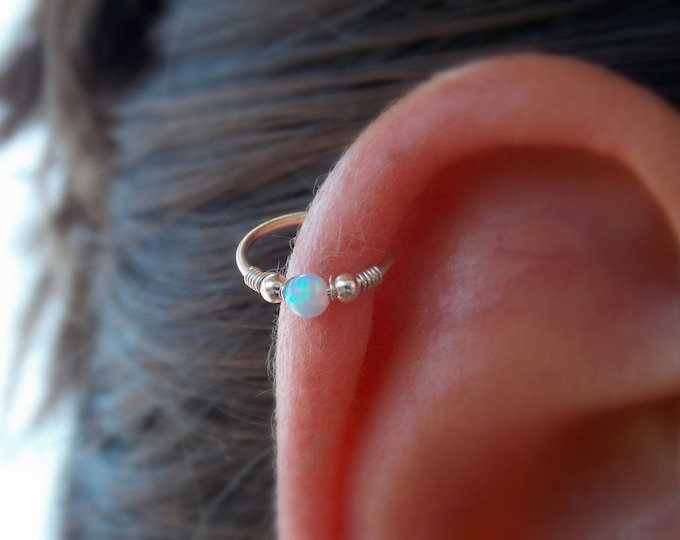 Tribal Net Feather Dangle & Opal Ear Cartilage Ring Helix Cuff Piercing Jewelry - 16g