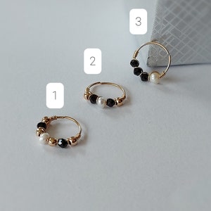 Pearl and black spinel nose ring - gemstone piercing - beaded nose ring - gold filled nose ring - nose hoop - thin helix - 24 gauge hoops
