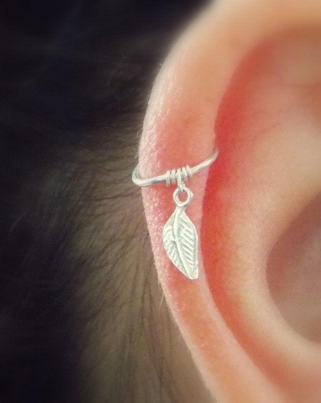 Tiny sterling silver leaf Cartilage hoop Earring