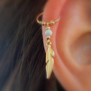 Gold Cartilage Earring,feather leaf hoop, gold filled opal cartilage Hoop Earrings, tiny hoops, helix piercing.