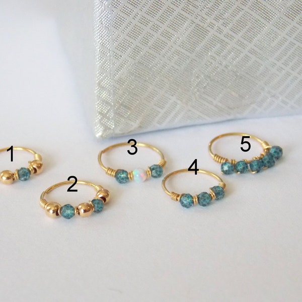 Blue topaz nose ring - gemstone piercing - beaded nose ring - gold filled nose ring - nose hoop - thin helix - 24 gauge hoops