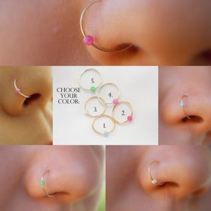 Opal nose ring, helix earring, tragus earring, Small Opal cartliage Ring, tiny hoop nose, Extra Small Gold Opal Nose Ring