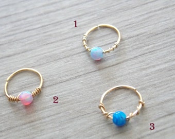 Opal cartilage earring, helix earring, tragus earring, Small Opal cartliage Ring, tiny hoop nose, Extra Small Gold Opal Nose Ring