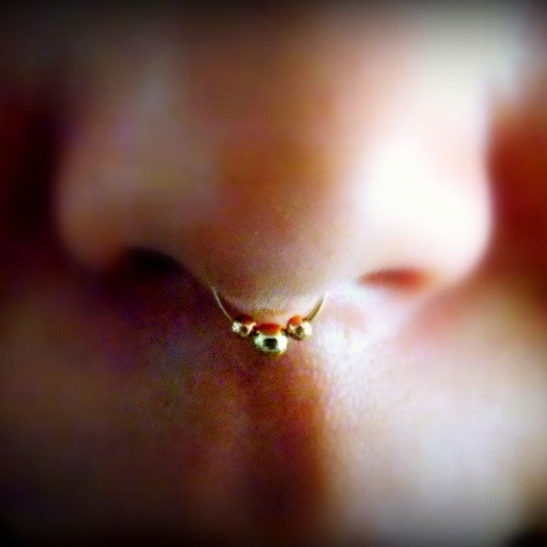 Fake Septum Ring for non pierced nose with 3 tiny gold filled ball beads.