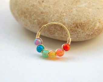 Rainbow opal nose hoop - Gold Filled Nose Ring - hoop cartilage - Nose Jewelry - thin Nose Piercing - piercing Earring - Nostril Jewelry