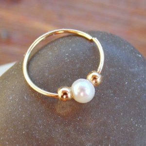 Tiny hoop 14k gold filled with natural freshwater pearl bead , cartilage, tragus helix piercing,septum, nose ring, earring~