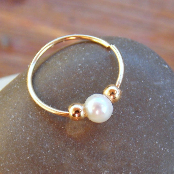 Tiny hoop 14k gold filled with natural freshwater pearl bead , cartilage, tragus helix piercing,septum, nose ring, earring~