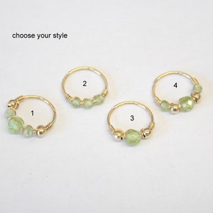 Anello al naso con peridoto - piercing con pietra preziosa - anello al naso con perline - anello al naso riempito d'oro - cerchio al naso - elica sottile - cerchi calibro 24
