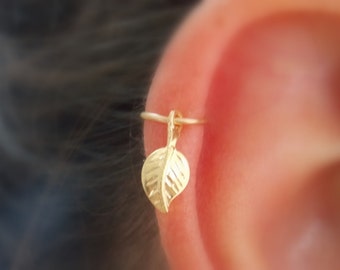 Cartilage Earring, tiny leaf gold hoop, gold cartilage Hoop Earrings, 14K Gold Filled, tiny hoops