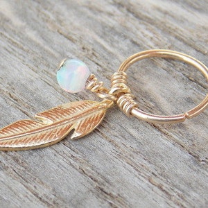 Gold Cartilage Earring,feather Leaf Hoop, Gold Filled Opal