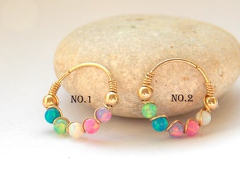 piercing hoop 24g 22g 20g 18g 16g Gold fire opal 2-3mm beads cartilage earring, helix, dath,tragus,conch, opal nose hoop, bohemian jewelry