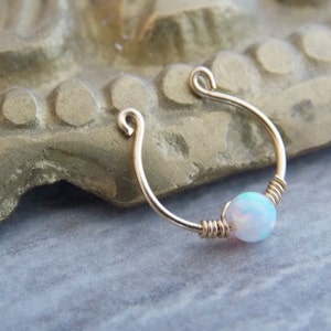 White Opal Fake Septum Hoop Ring 14k Gold Filled Clip On cuff