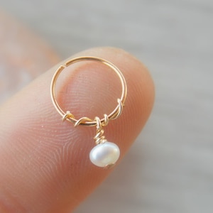 Tiny hoop 14k gold filled with natural freshwater pearl bead , cartilage, helix piercing,earring~