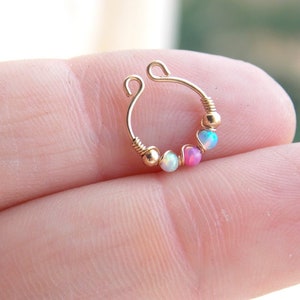 opal Fake septum for non pierced nose, gold filled faux septum,clip on septum piercing