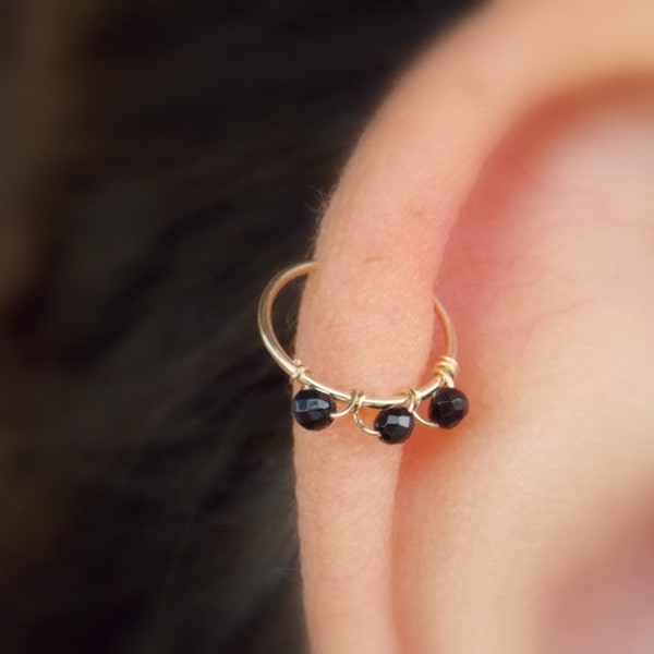 Black Onyx Cartilage Hoop Silver OR Gold Filled nose ring septum Boho Tragus Helix Piercing