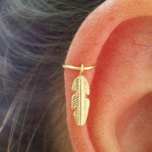 Gold filled feather helix cartilage hoop earring