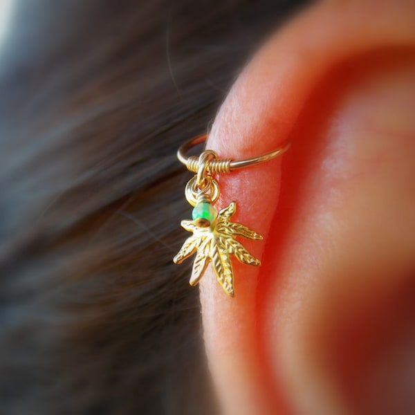 HELIX PIERCING - leaf Charm - gold helix piercing - gold hoop -  helix piercing - small piercing jewelry -Cartilage earring - marijuana leaf