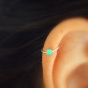 Silver Cartilage Earring, tiny opal hoop, sterling silver cartilage Hoop Earrings, tiny hoops