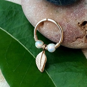 Tiny Leaf Opal Cartilage Earring,Cartilage Hoop Earrings,14K Gold Filled,925 Sterling Silver Tiny Hoops,16g 18g 20g 22g, Holiday Gift
