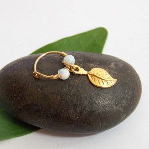Cartilage Earring, tiny leaf gold hoop, gold cartilage Hoop Earrings, 14K Gold Filled, tiny hoops, opal piercing