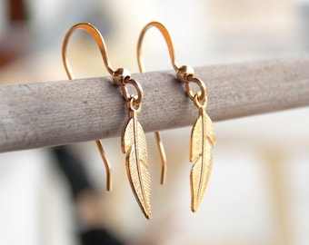 Gold Feather Earrings, Feather earrings, Tribal Earrings, Gold Filled Earrings