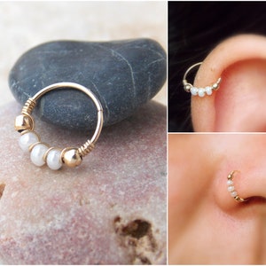 Winzige Hoop Gold Filled Ohrring mit PERLEN Knorpel Tragus Helix Nasenring Klein Tiny Catchless Seamless Little Sleeper.