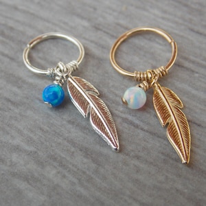 Pendiente de aro de cartílago, piercing de aro de plata de pluma, pluma de plata de ley 925