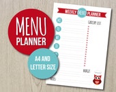 Printable Weekly Menu Planner. Meal organizer with owl design, in red and blue. Two sizes (A4 and Letter). What's for dinner?