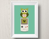 Retro Gamer Owl Poster - baby room decor - nursery decoration - owl design - game boy wall art - play room art - office decor - gamer gift