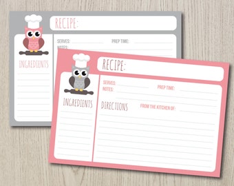 Printable Recipe Cards - Pink and Grey - two 4x6 cards on A4 and Letter size paper with cute owl design - DIY bridal shower idea - keepsake