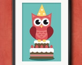 Birthday Owl Wall Art // instantly printable A4 poster // cute digital art of an owl with a birthday cake // original birthday present idea