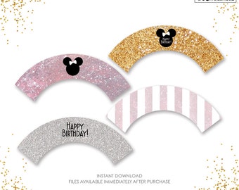 Minnie Mouse Eleganta Muffinsformar - DIY - Utskrivbara - Skriv ut hemma - Klassiska - Moderna - Rosa och guld - Festtillbehör