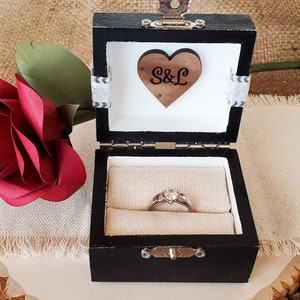 Black Ring Box, Engagement Ring Box, Propsal Ring Box, Heart Ring Box, Personalized Ring Box, Black and Silver, Wooden Ring Box