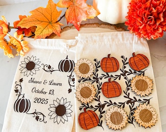 Recuerdos de tres en raya con calabaza y girasol: regalos de boda de otoño